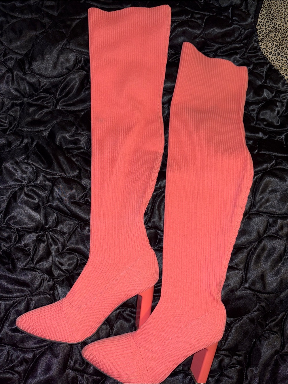Knee-High Ribbed Sock Boots in Coral Pink
